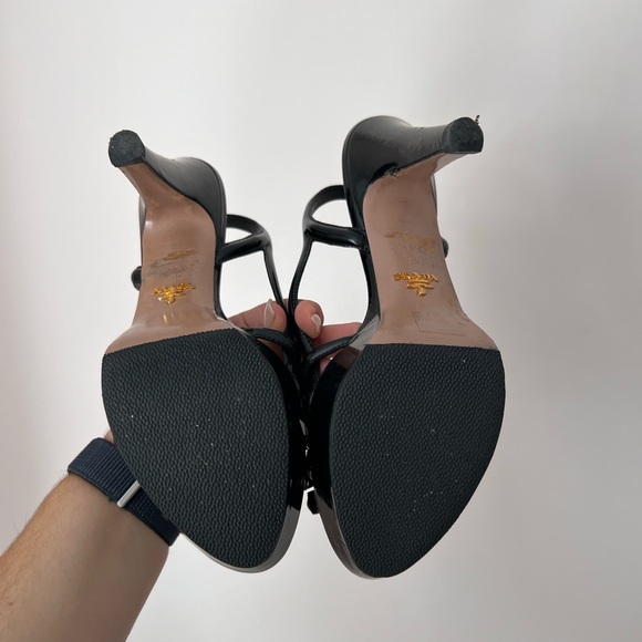 Prada Black Patent Leather Bow Tie Peep-toe Platform Heels - Picture 8 of 9